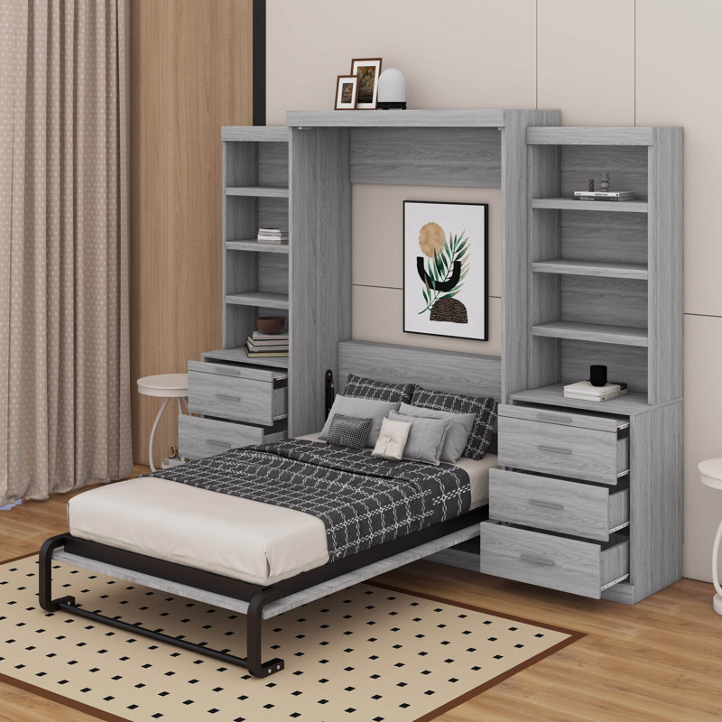 Lit escamotable double avec tablettes et tiroirs de rangement