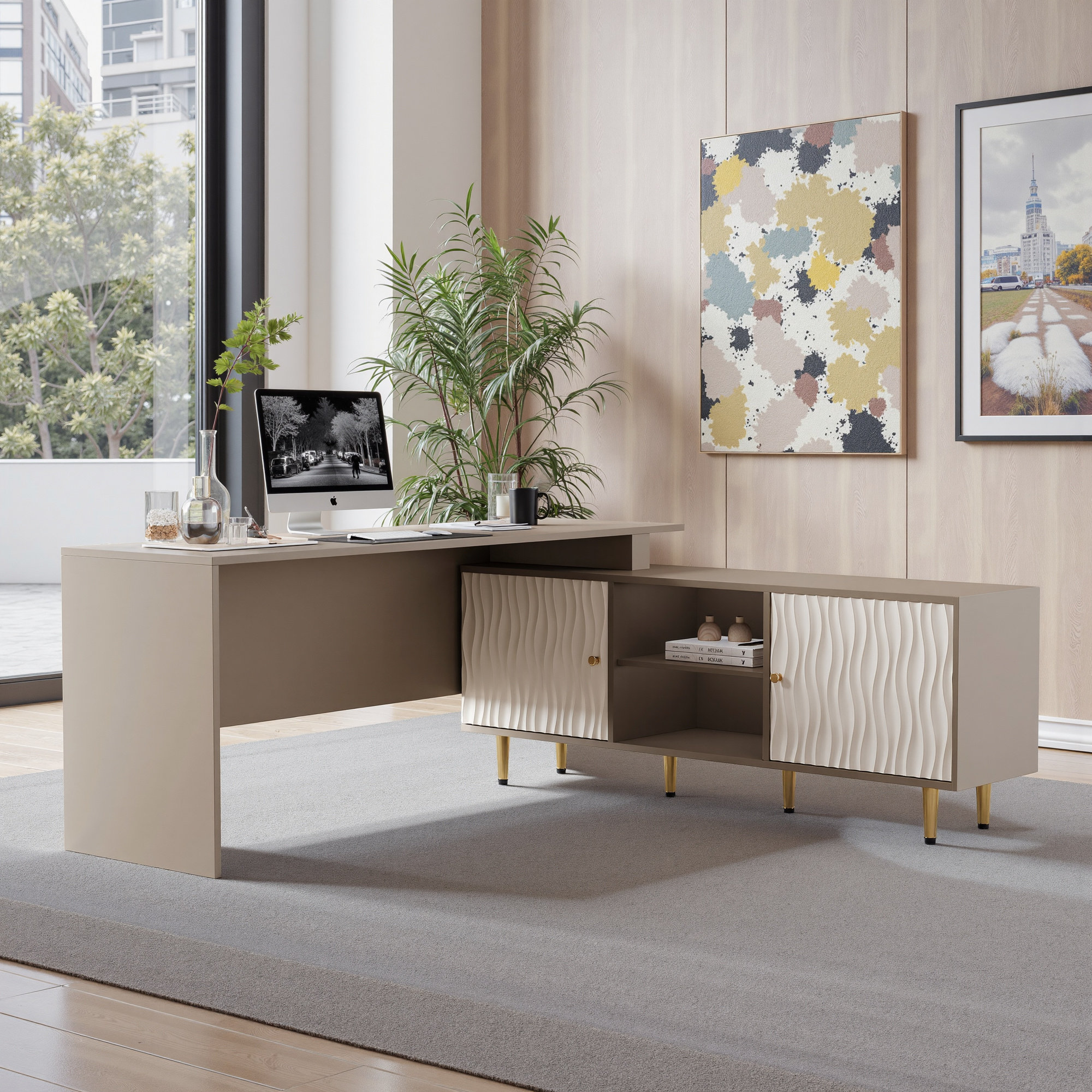 Mercer41 Expandable Desk With Storage Cabinet Adjustable 90 Degree ...