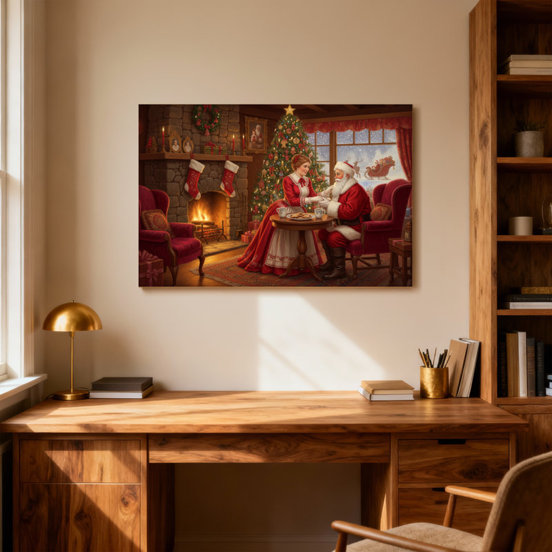 Père Noël et thé de Noël partageant le thé près du foyer, H 16 po x l 24 po