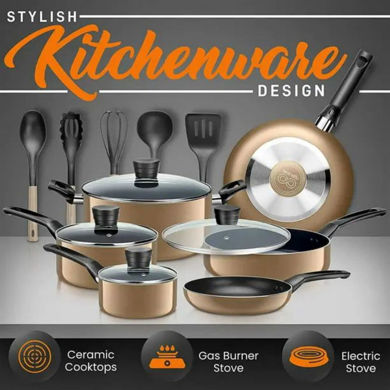 15-Piece Black Aluminum Non-Stick Cookware Set with Utensils