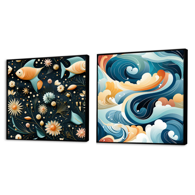 Ricciardi poisson éclectique côtier - ensemble de 2 collages carrés abstraits, Cadre flottant noir, H 16 po x l 33 po