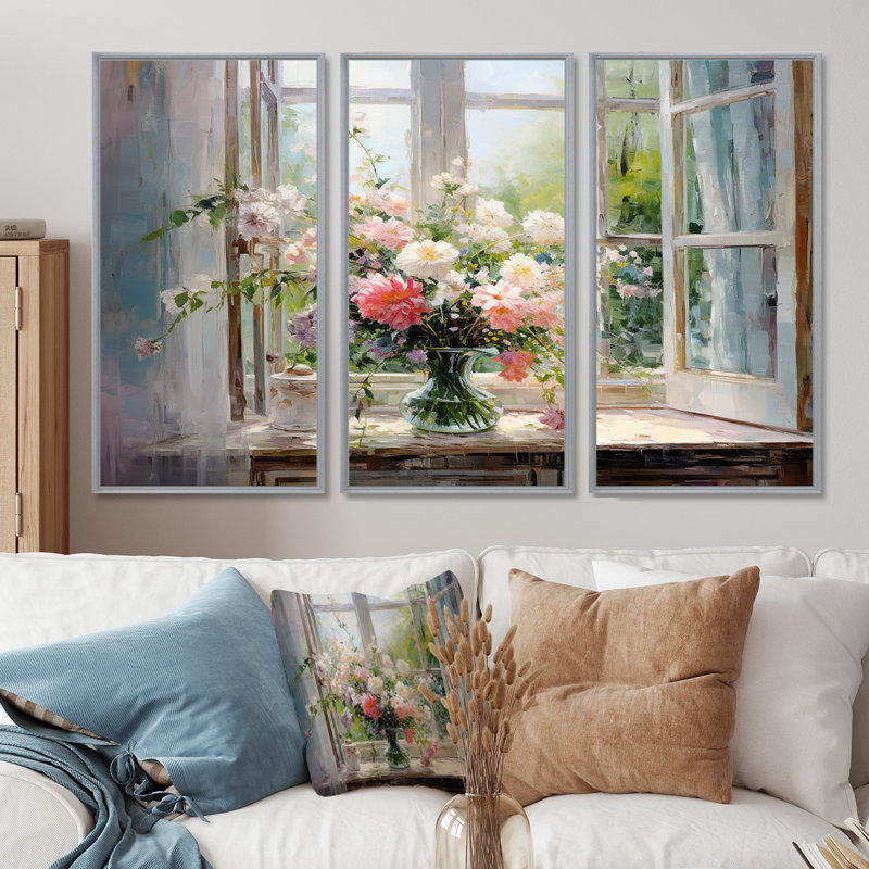 Art mural délicat avec fenêtre française délicate «French Window View IV», Cadre flottant blanc, H 40 po x l 60 po x P 1 po