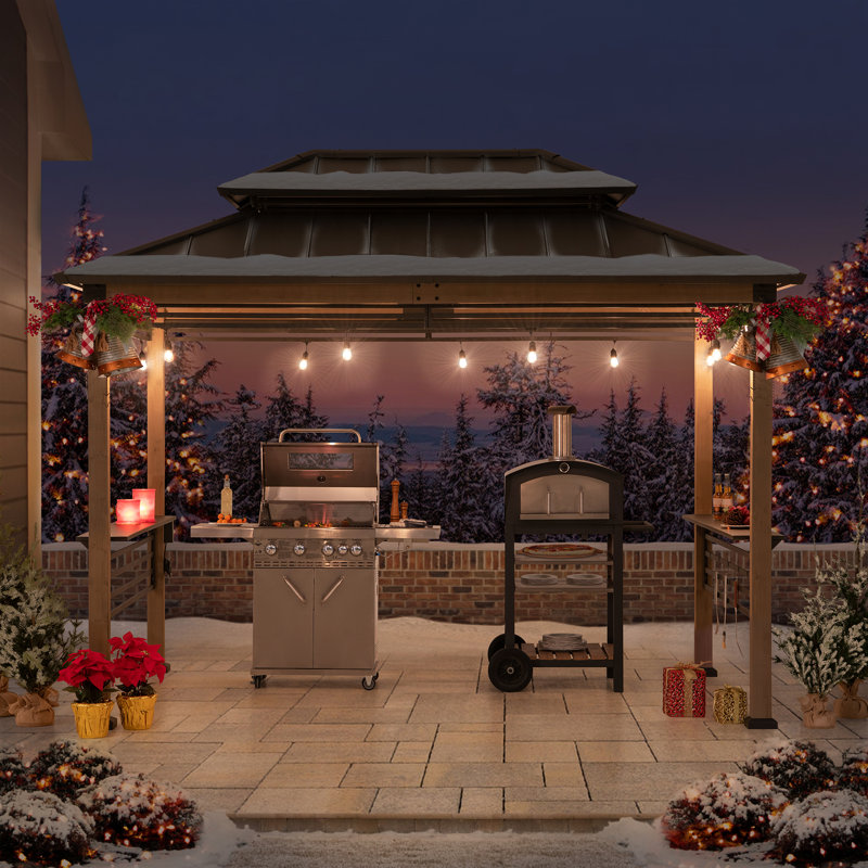 Sunjoy Wooden Grill Gazebo with AC Power Port, 8 x 12 ft. Steel Hardtop Outdoor Gazebo for Year-Round Grilling, Cedar Framed Gazebo with Built-in Electrical Outlets and Decorative Fence
