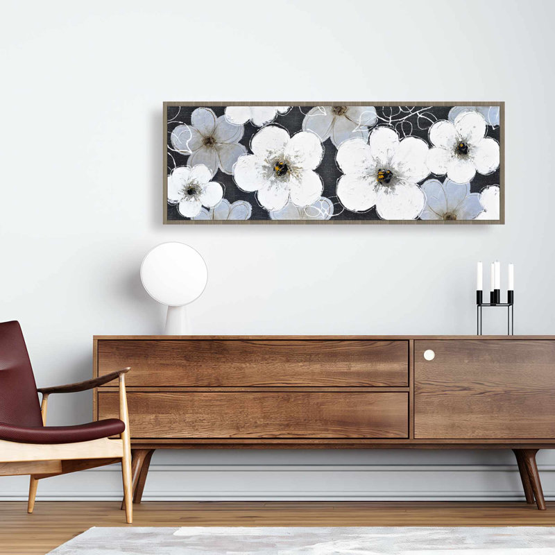 Toile encadrée fleurs grises | Décoration florale de chambre à coucher, H 17,25 po x l 49,25 po