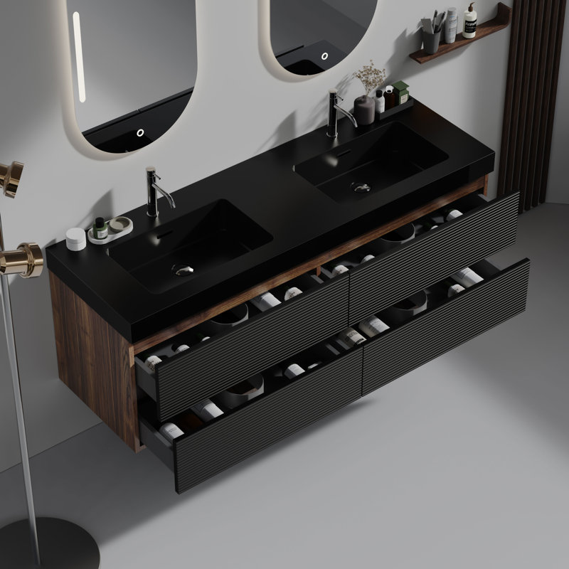 Meuble-lavabo mural avec plateau noir mat et 4 tiroirs, Noir mat, Noyer foncé, 60"