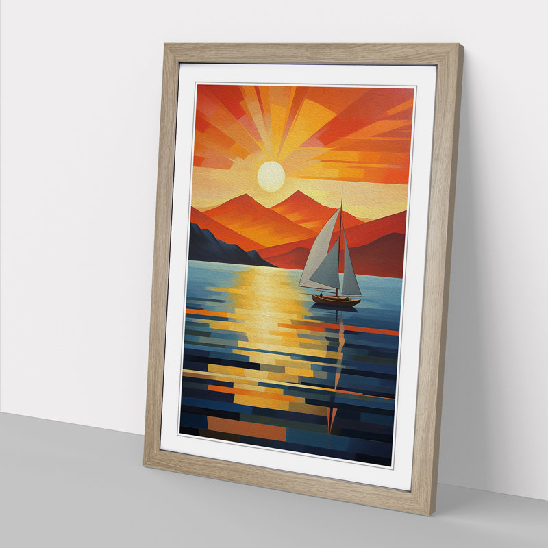 Seascape Art Deco - Single Picture Frame Print on Wood, Oak, 46cm H x 34cm W x 2cm D