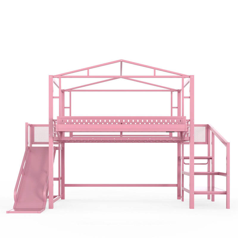 Full Size Loft Bed With Storage Stairs, Shelves And Built-In Wardrobe, Metal Loft Bed Frame With Usb Ports And Led Lights, Noise-Reduced Design, Pink