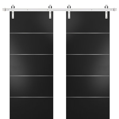 Porte de grange double robuste avec supports de rail Planum 0020 noir mat de 4 m (13 pi), portes intérieures à panneaux pleins et lourds - 122 cm x 203 cm (48 po x 80 po) (2 x 61 cm x 203 cm) - Rail argenté