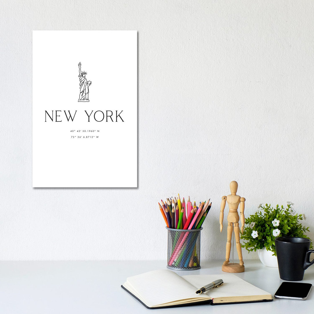 New York Coordinates With Statue Of Liberty Sketch von Blursbyai - No Frame Gallery-Wrapped Canvas Giclée on Canvas