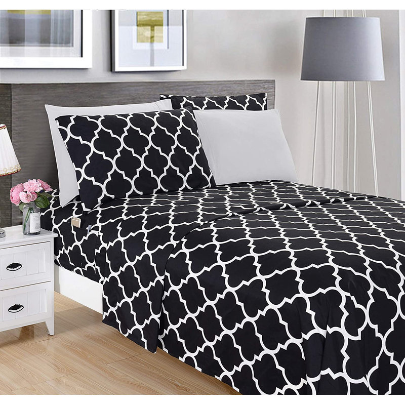 1500 Thread Count Luxury Soft Geometric Sheet Set, Black, King Sheet Set + Fitted Sheet + 4 Pillowcases