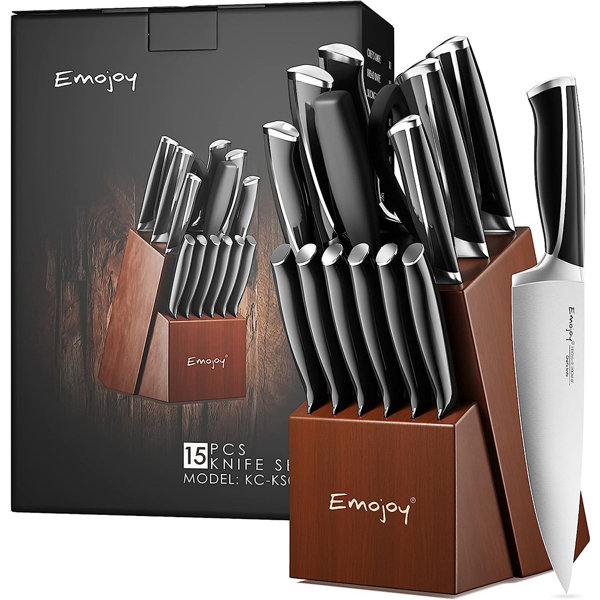 Emojoy Knives Set for Kitchen With Block,Rust Proof,15-Pcs Knife