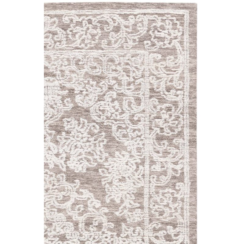 Tapis floral en laine touffeté à la main en ébène de couleur ivoire / gris / gris foncé Cemaliye, Rectangle 4 pi x 6 pi