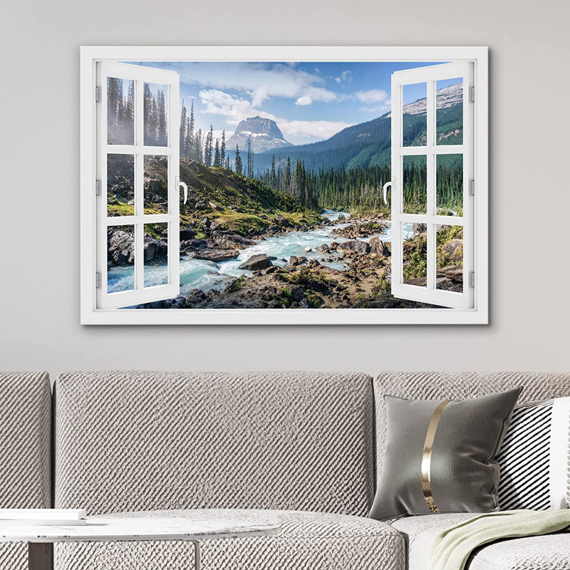 IDÉE4WALL, reproduction d'art sur toile, fenêtre, Colorado, forêt, rivière, nature, photographie, réalisme, paysage rustique, coloré, multicolore, décor pour le salon, la chambre à coucher, le bureau