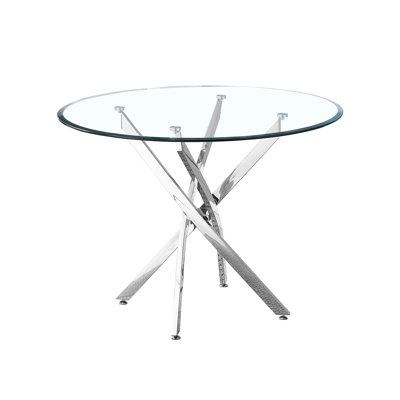 Round Clear Tempered Glass Dining Table With Sculptural Silver Stainless Steel Base, 36 - Inches In Diameter, Seats Up To Four Modern Finish Angular Base And Leveler Feet, Inch Comfortable For
