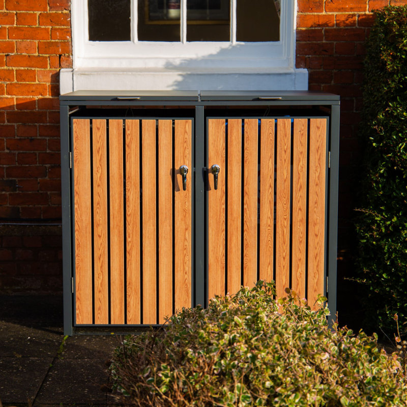 Double Galvanised Steel Wheelie Bin Storage Cover with Top Opening Lid for 2 Bins, Anthracite/Brown