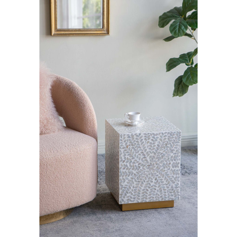 14x14x18" Square Accent Stool with White Capiz Shell Finish and Gold Pedestal Base