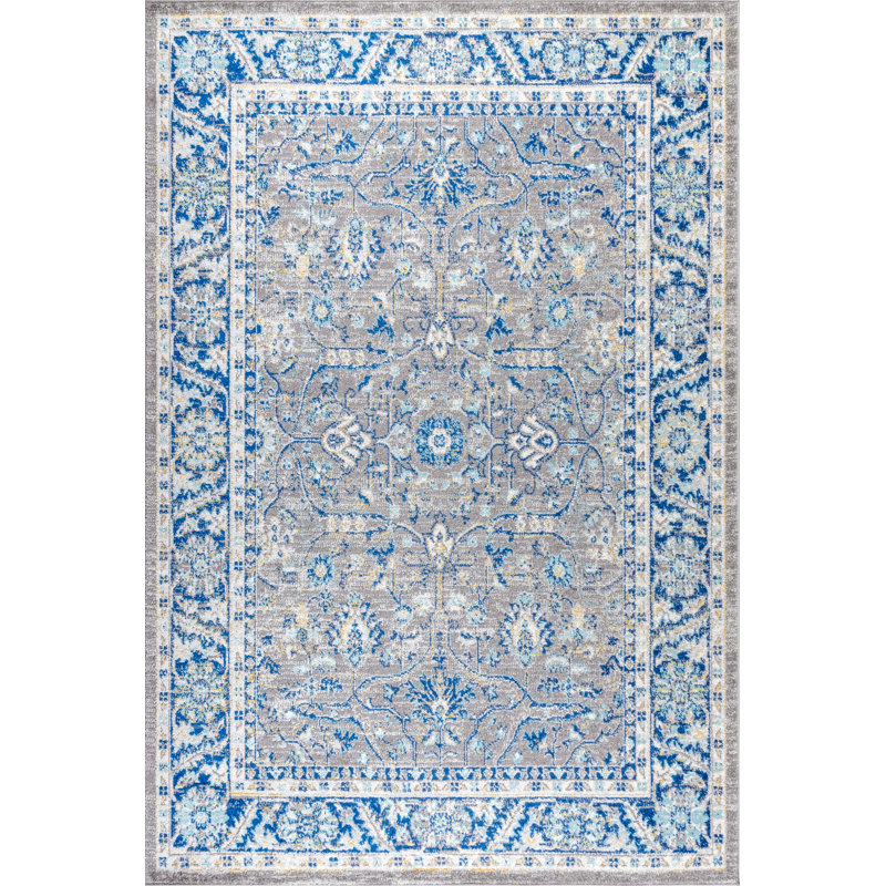 Lattin Modern Persian Boho Floral Gray/Navy Rug, Rectangle 3' x 5'