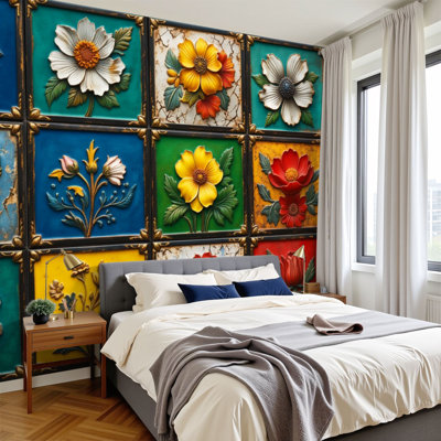 Peel and Stick Wallpaper Colorful 3D Floral Tiles Vintage Embossed Flowers Blue Yellow Red Wall Murals 100"H x 144"W Removable PVC Wall Paper Self-Adhesive Wall Decor for Bedroom Living Room Home Office