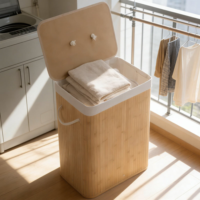 Folding Bamboo Laundry Hamper With Lid And Washable Liner, 28 Gallon Slim Storage Basket For Small Spaces, Foldable Design For Easy Storage