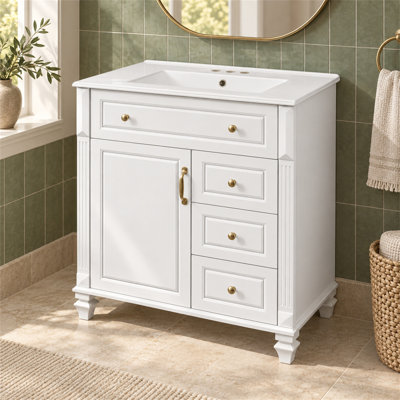 Meuble-lavabo autoportant de 76 cm avec lavabo en céramique, meuble-lavabo blanc avec tiroir rabattable, 3 tiroirs et armoire de rangement, meuble de rangement pour salle de bain en bois d'hévéa et MDF