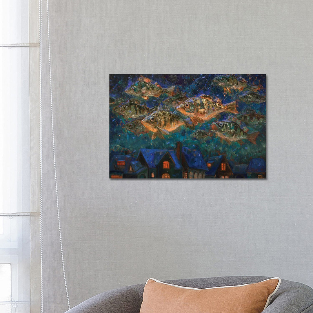 Mythischer Barsch über der Stadt der Fischer von Tatiana Nikolaeva - Gallery-Wrapped Canvas Giclée on Canvas