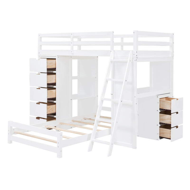 Lit superposé simple au-dessus de simple à 8 tiroirs avec bibliothèque de rangement, bureau éclairé et prises de courant