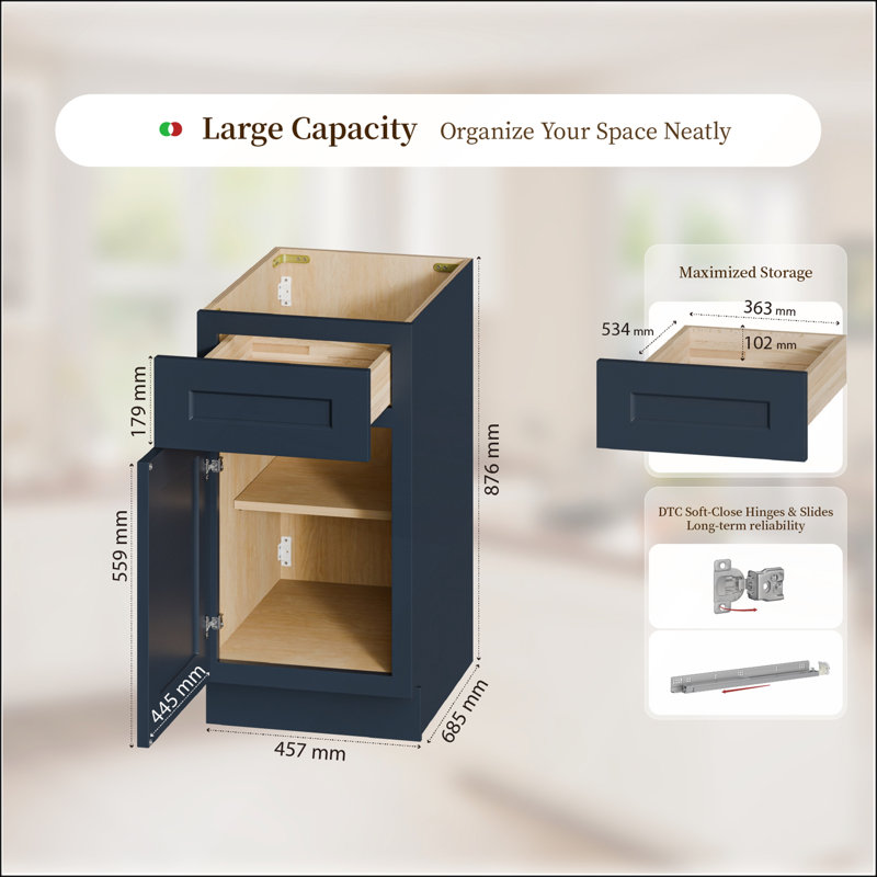 Armoire de base bleu marine Shaker avec porte et tiroir à fermeture en douceur, tablette réglable pour un rangement polyvalent dans la cuisine, la salle de bain et plus encore