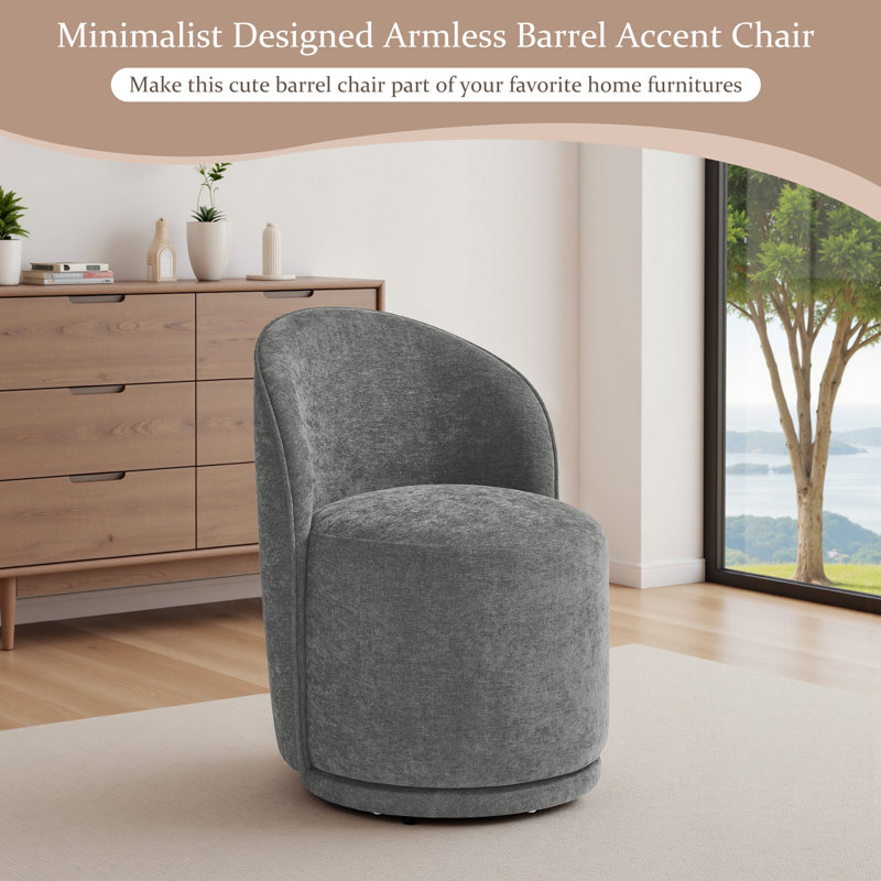 Integrated Barrel Armless Swivel Fabric Dining Chair, Dark Grey Cotton Linen