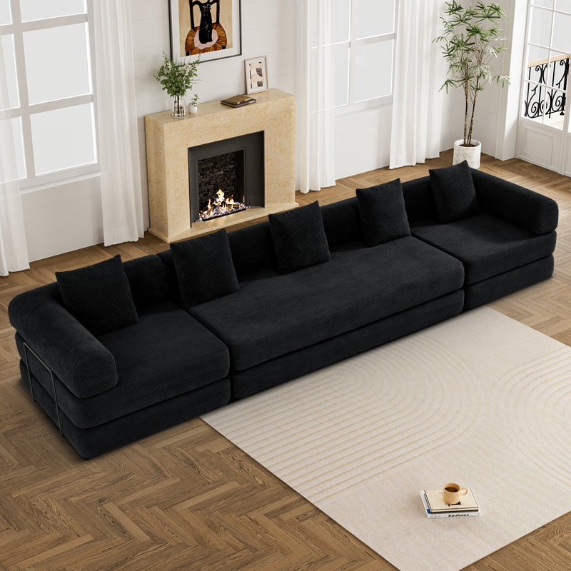 Boneless Convertible Sectional Sleeper Sofa Bed Modular Compression Couch With Removable Back And Arm, Black Corduroy