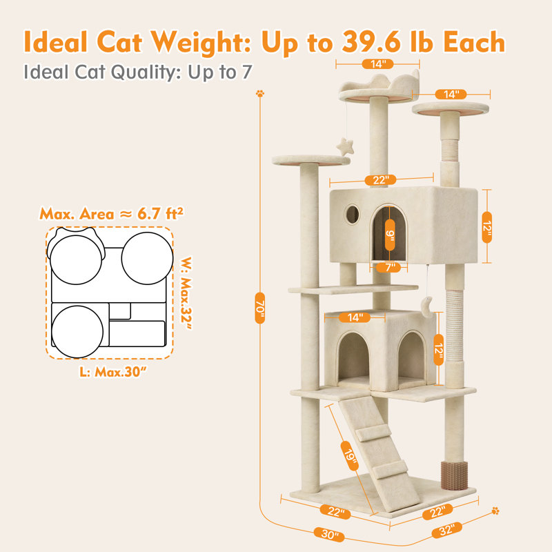Arbre à chat avec poteaux à griffes en sisal, Beige, H 70 po x l 30 po x P 32 po