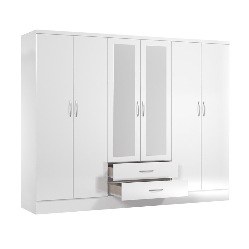Gaytes Modern 6-Door Wardrobe 72.12'' H - 90.7'' W Armoire Bedroom Clothing Cabinet with 2 Lower Storage Drawers and 2 Mirrors High Gloss Finish