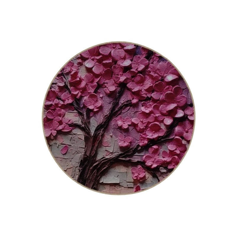 Pink Tree Patterned Round Woven Base Modern Decorative Carpet, Round 2'8"