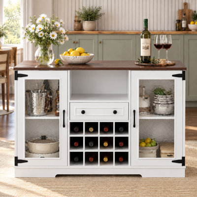 Meuble-bar à abattants avec éclairage DEL et 2 portes en verre effet vague, meuble à vin de style campagnard avec étagères de rangement