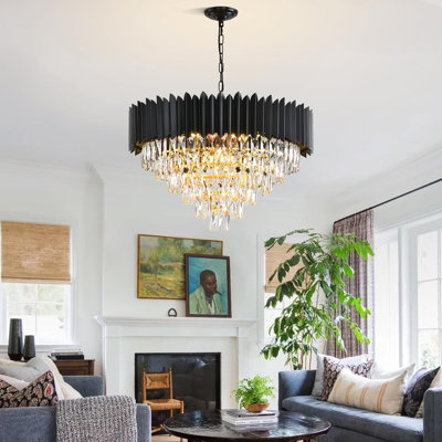 Modern Black Vertical Slat & Crystal Chandelier, E14 Base, 4 Size Options, No Bulb