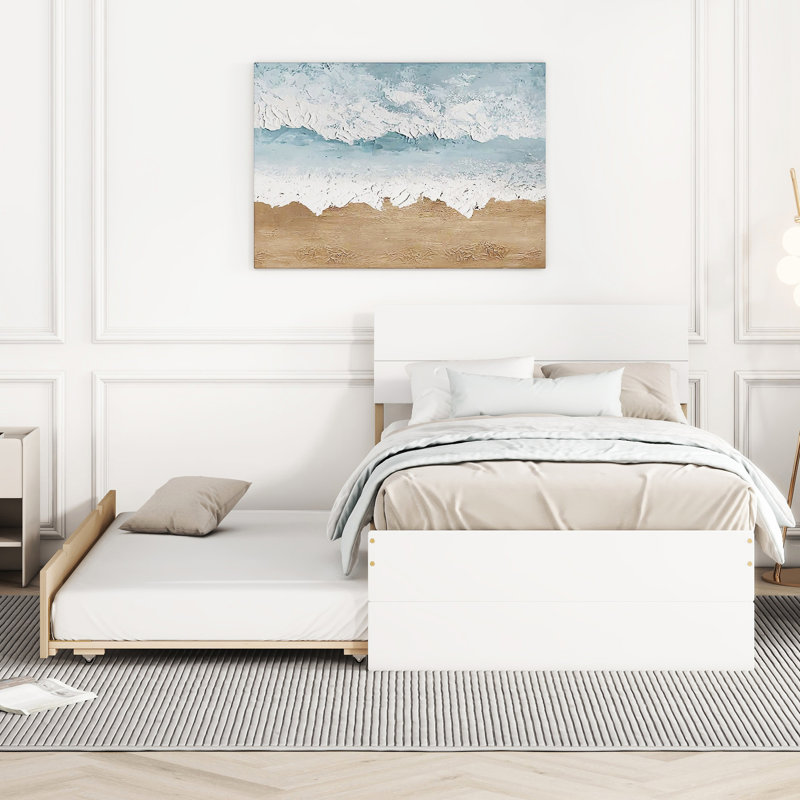 Lit simple contemporain avec tête de lit blanche ultrabrillante et gigogne précieuse en chêne, Twin, White/Light Oak