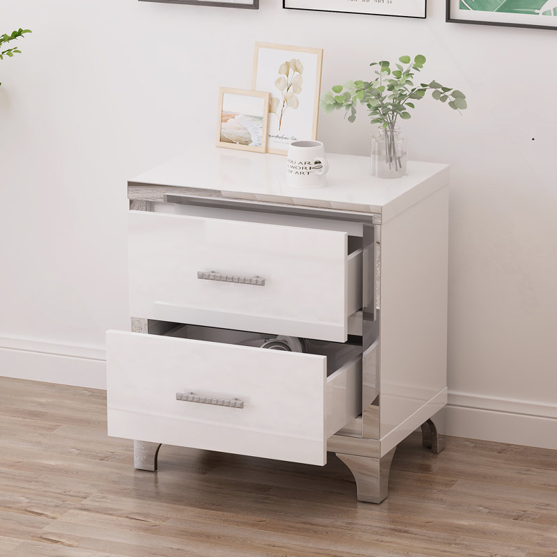 Table de chevet élégante à 2 tiroirs avec poignée en métal et miroir, White