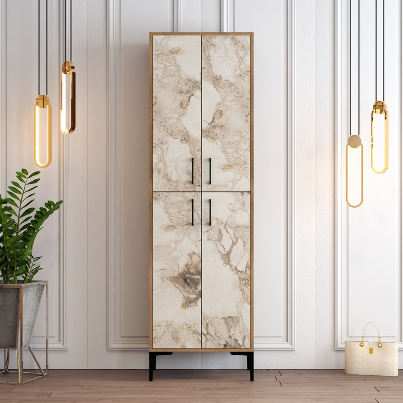 Modern Shoe Cabinet with Metal Legs & Handle, Walnut & White, 23.6 x 78.7 x 13.8 inches | 100% Melamine Coated Particle Board, Numerous Shelves, Wall-Mountable | Stylish Storage Solution for Entryway & Hallway
