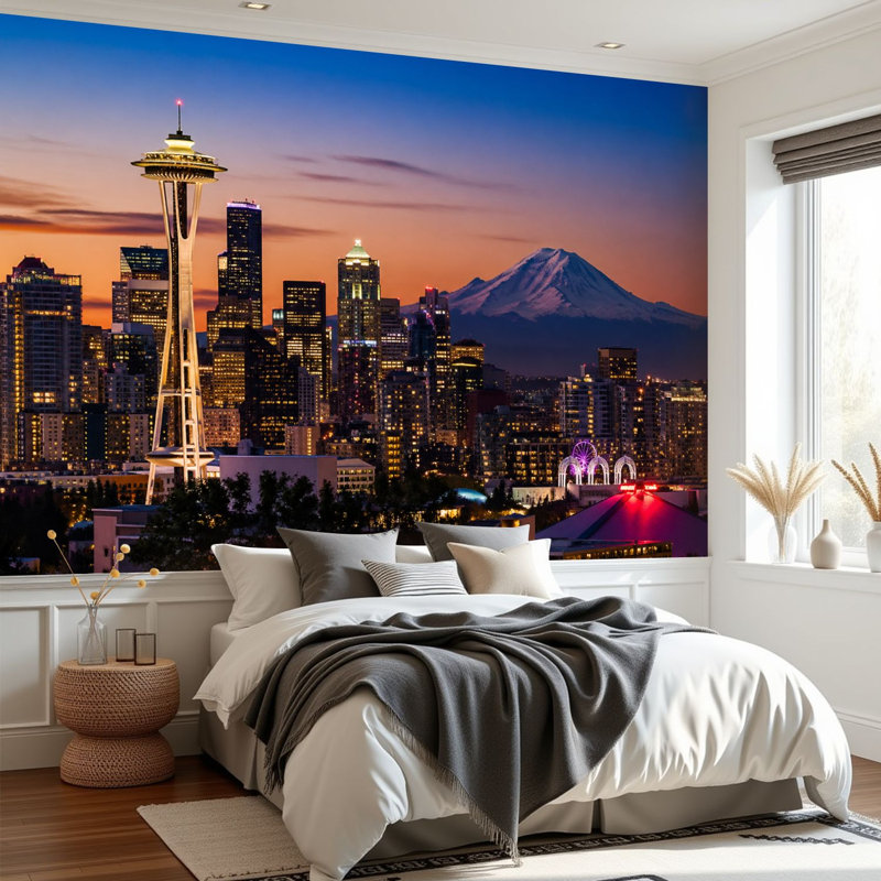 Papier peint auto-adhésif Seattle Skyline Night Mt Rainier Distance, L 69 po x l 8 po