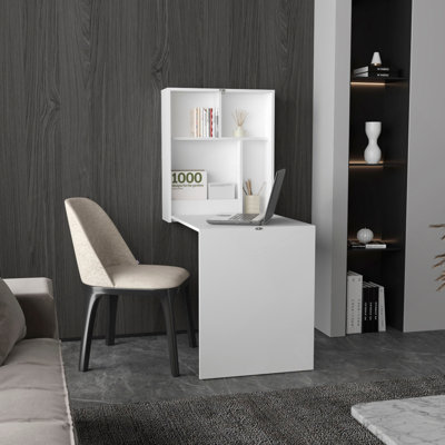 Table pliante Kaplar de 33 po de largeur x 23 po de profondeur avec quatre tablettes, table flottante, table rétractable, bureau flottant, table à repasser blanche