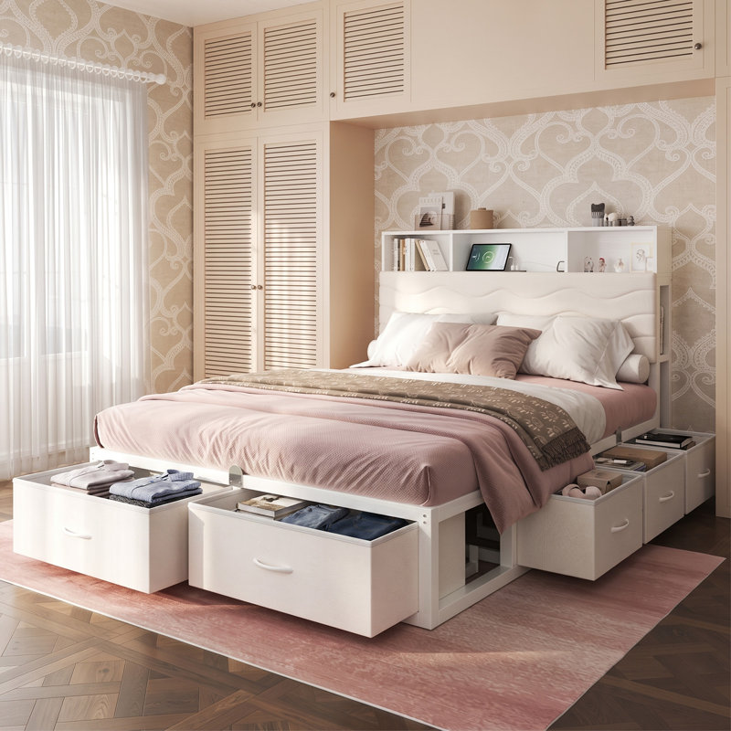 Upholstered Platform Bed Frame with 8 Storage Drawers, Storage Bed with LED light & Charging Station, Velvet Tufted Headboard with Adjustable Bedside Tables, No Box Spring Needed