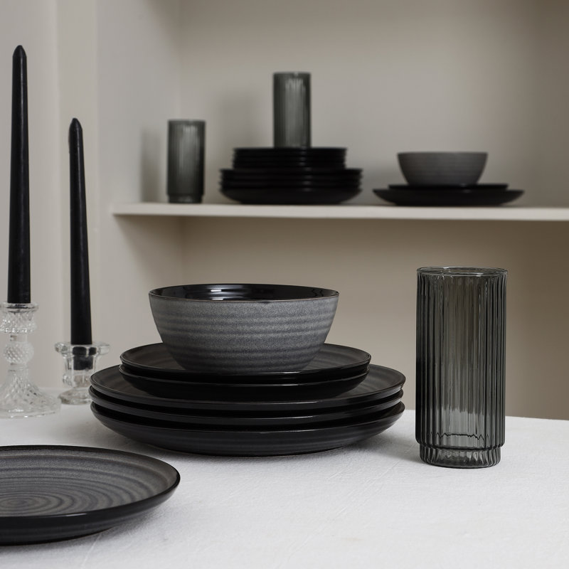 Stone Lain Dua 32-Piece Dinnerware Set Stoneware, Borosilicate Glass, Black