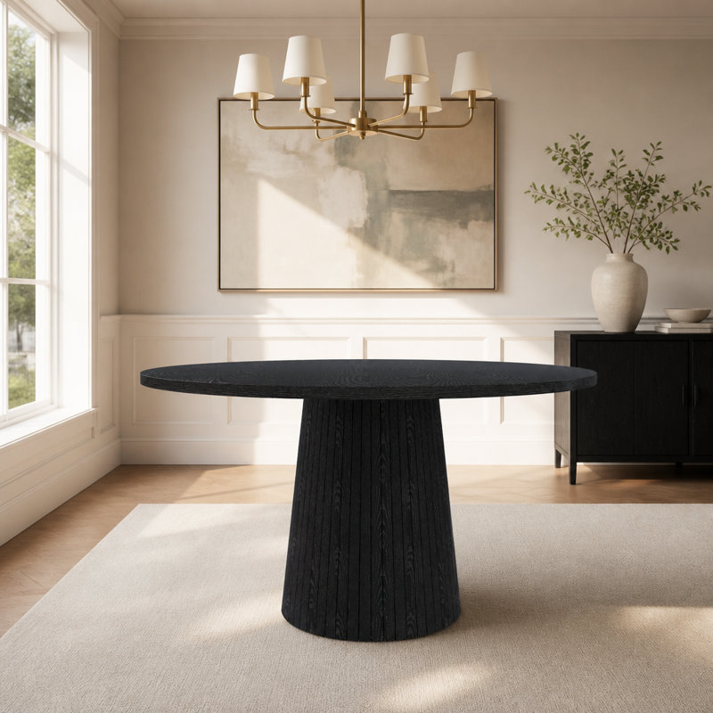 Table de salle à manger ronde en panneau de fibres à densité moyenne pour 4 personnes, table de cuisine de style campagne moderne avec base en bois, table ronde au fini noir pour la cuisine et le salon
