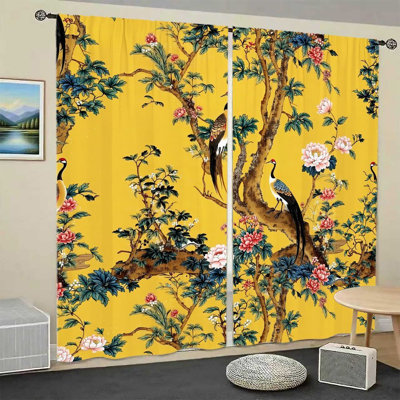 2 pièces rideaux à imprimé floral et d'oiseaux élégants, style chinois rétro, tissu épais pour le salon, la chambre, le balcon, la cuisine, la décoration intérieure