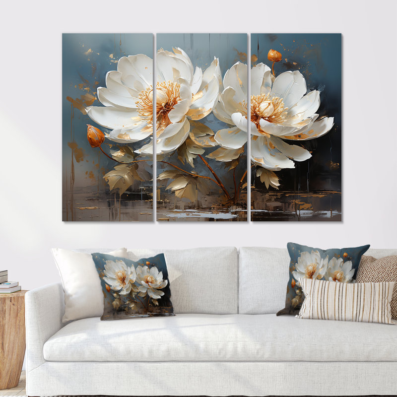 Fleurs de lotus baignées au clair de lune I - Ensemble de décoration murale Lotus, H 40 po x l 60 po x P 1 po