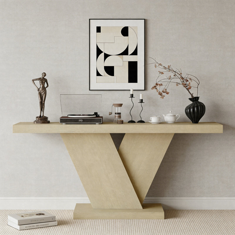 66" Modern X-Leg Console Table With Solid Wood Veneer, Narrow Mid-Century Entryway & Sofa Table, Imitative Oak