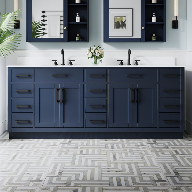 84" W x 35" H Freestanding Bathroom Solid Wood Vanity With White Cultured Marble Countertop And Ceramic Double Sink,Navy Blue