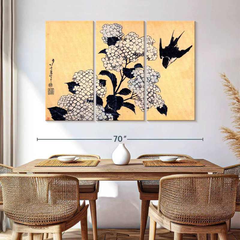 " Hydrangea And Swallow " 3 - Pieces, 42" H x 65" W x 1.25" D