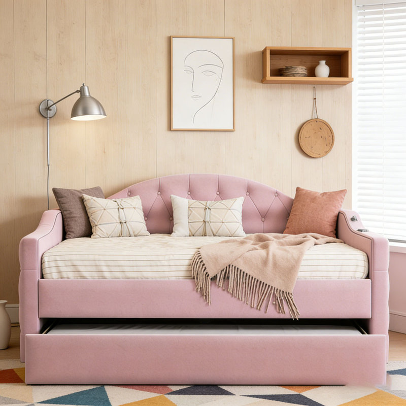 Tufted Upholstered Daybed with Trundle ,Velvet Sofabed with USB&Type-C Charging Ports,No Box-spring Needed, Pink