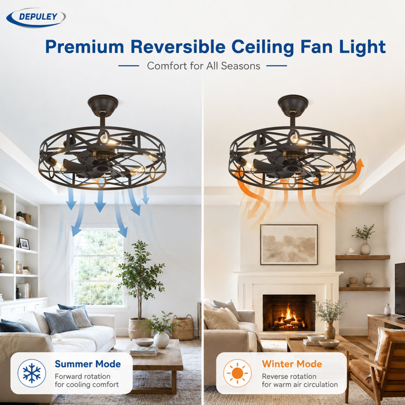 26'' Black Caged Ceiling Fans with Remote App Control for Patio Kitchen Bedroom, Farmhouse Flush Mount Ceiling Fan with Lights Reversible 6 Speed Timer 