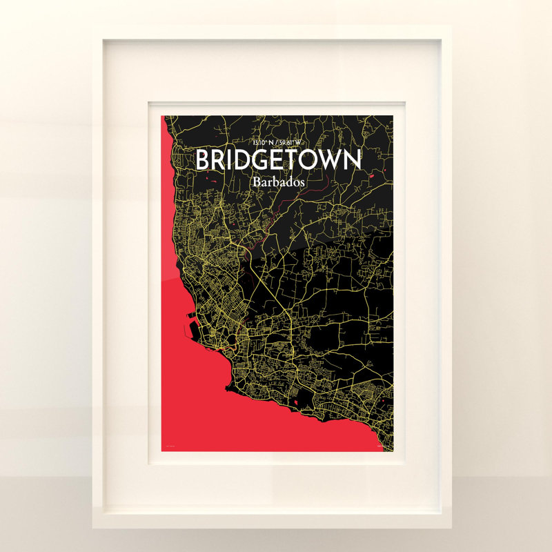 «Bridgetown City Map», impression, Noir / rouge / jaune, H 24 po x l 18 po